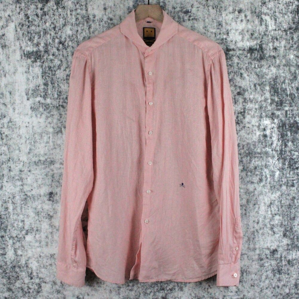 Trashness Men's Size L Pink 100% Linen Button Up Long Sleeve Shirt